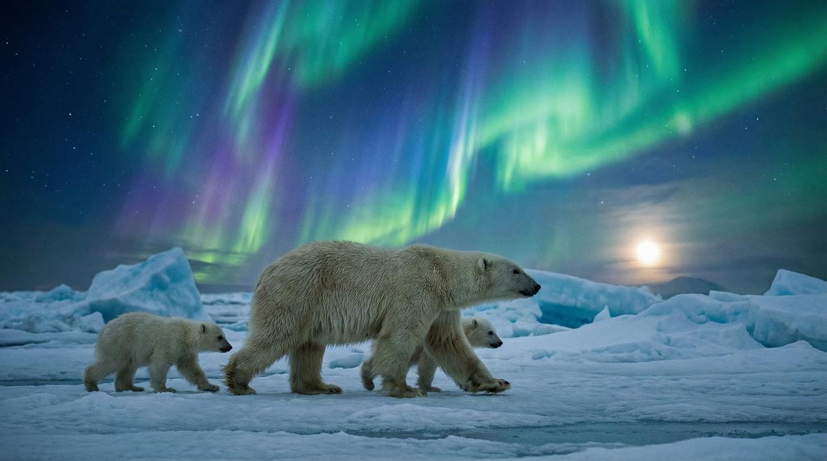 黄片北极熊视频 - 极光下的母子视频